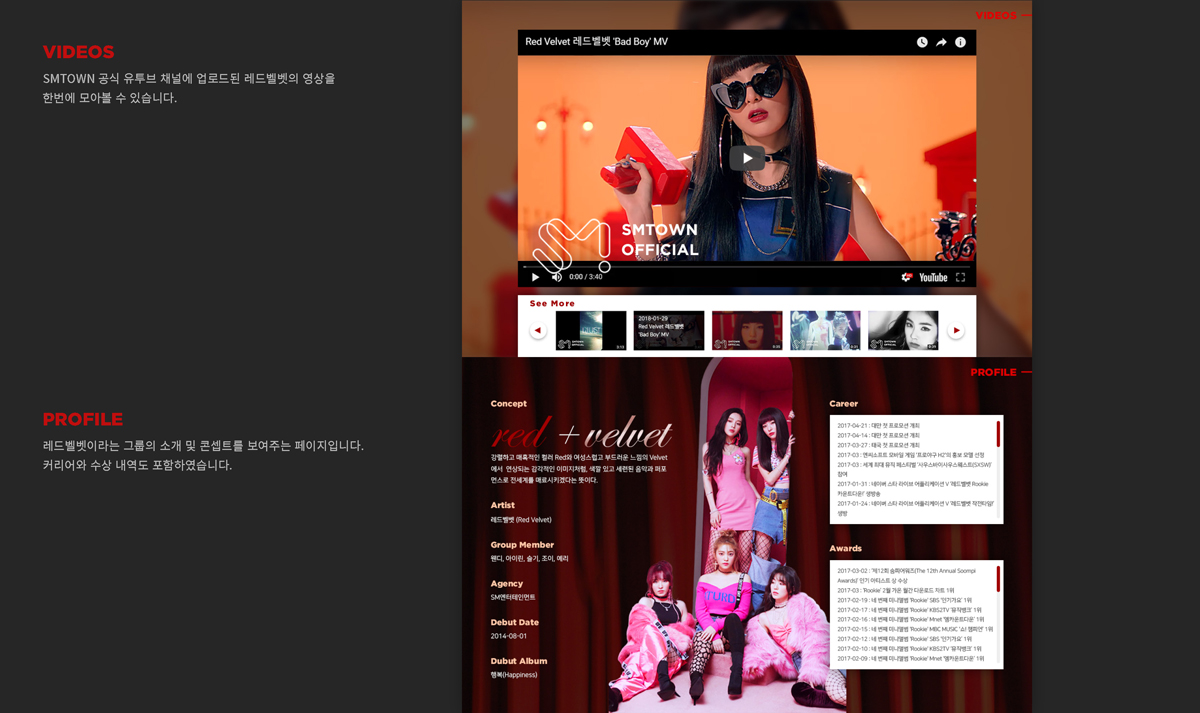 레드벨벳 오피셜 웹사이트 / 모바일 & 웹 UX/UI 디자인 포트폴리오 실무 프로젝트 김주향4